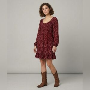 Blumind XL Boho Paisley Smocked Bodice Ruffle Hem Mini Dress Burgundy Red